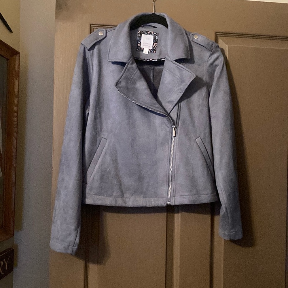 LC LAUREN CONRAD Faux Suede/Velvet Moto Jacket/Blazer Gray/Blue Womens Sz L NWOT